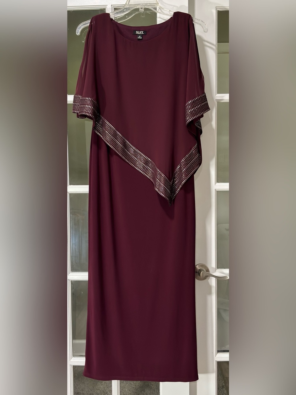 SLNY Wine Maxi Dress with Metallic Trim